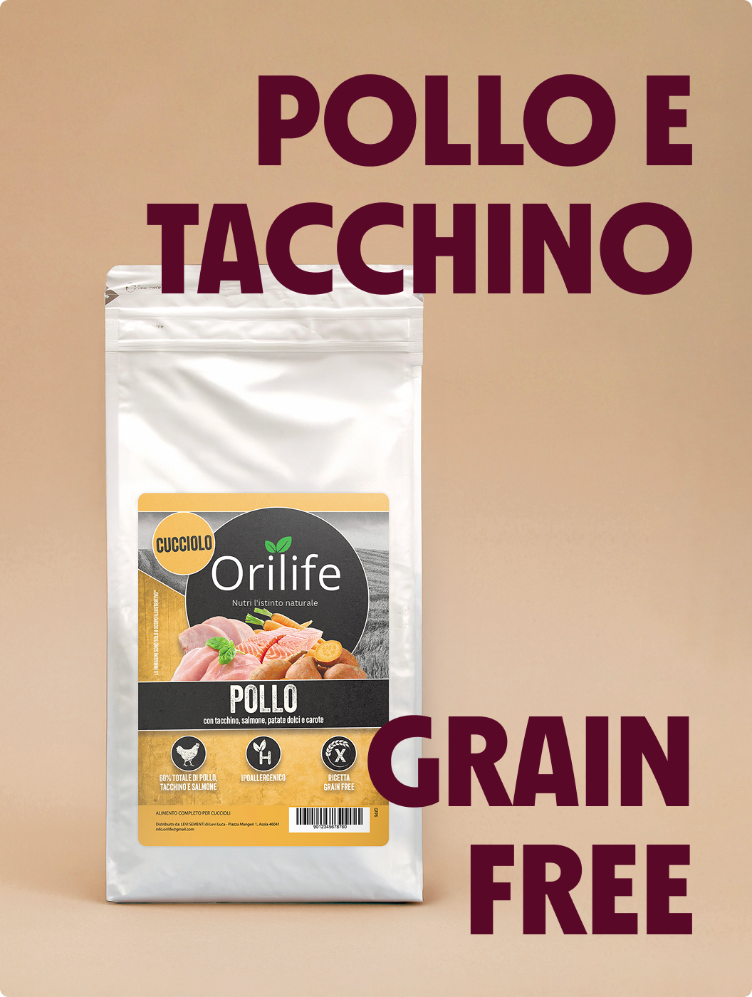 Pollo con tacchino, salmone, patate dolci e carote